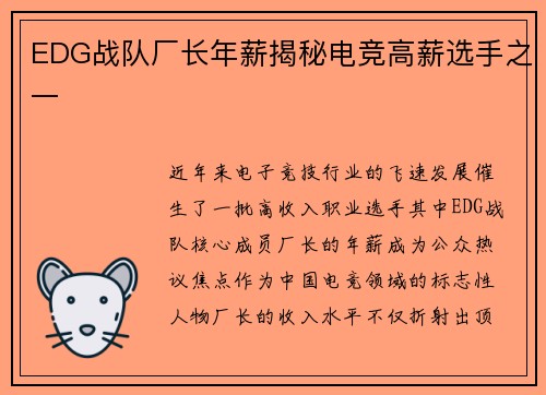 EDG战队厂长年薪揭秘电竞高薪选手之一