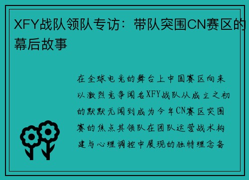 XFY战队领队专访：带队突围CN赛区的幕后故事